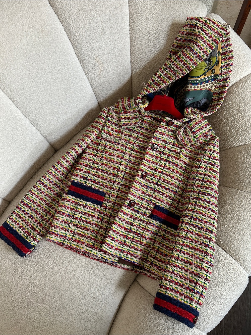 Gucci Girls Multicolor Tweed Hooded Jacket with Navy & Red Trim